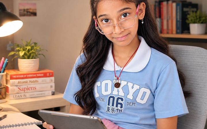 A girl at her desk holding a tablet, a notebook and a stack of books beside her